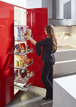 Rosie on the House red and white kitchen full height pantry pullout
